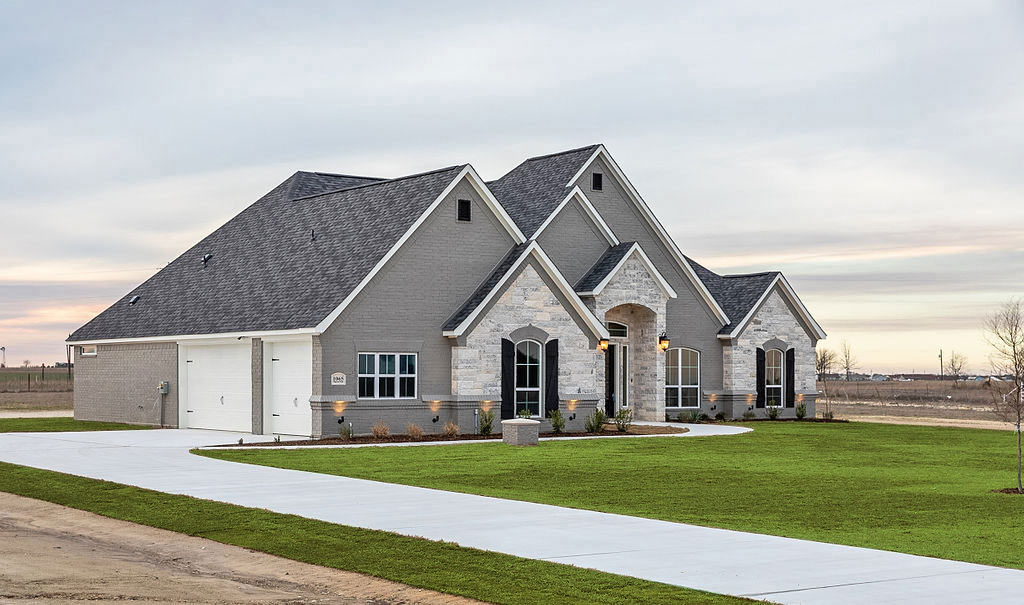 Wide view of a custom home roof, Ashlyn project